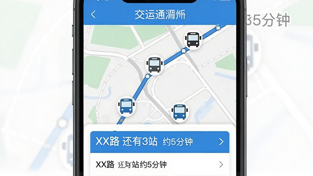 ����ͨʵʱ������ѯ���ܽ��棬����չʾ�ֻ���Ļ�ڵ�ͼ�϶��������ͼ����·���ƶ����·��б���ʾ��XX· ����3վ Լ5���ӡ���������������ɫΪ��������ƽ�ִ������ֱ�ǩ���������ʸɾ��޶���Ԫ��