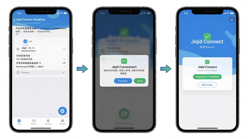 Jiqid Connect��װ���ò���ָ��ͼ�������Ϊ��������չʾ����һ�����ֻ������п���δ֪��Դ��װȨ�޵Ľ��棬�ڶ�����Ȩ����Ȩ�������棬��������Jiqid Connect��������ʾ���ӳɹ�״̬��������Ϊ�̳�ͼ������ɫ���������ʸɾ��޶���Ԫ��