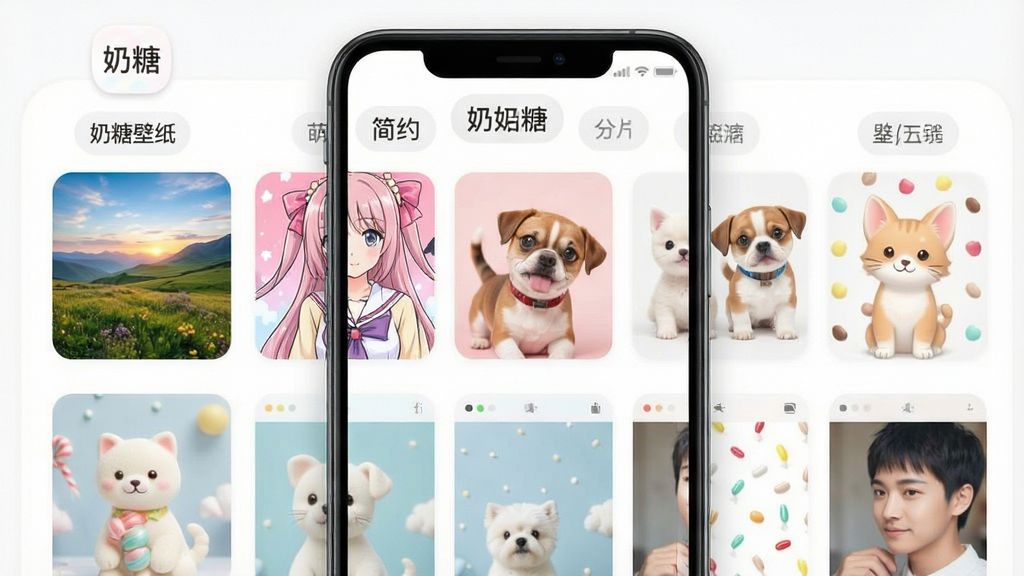 һ��չʾ���Ǳ�ֽApp��ֽ��������ͼƬ���������ֻ���Ļ��ʾ�Ŷ����ֽ�����ǩ�������羰���������ȳ衢��Լ�ȣ�ÿ�������·������Ŷ�Ӧ���ĸ����ֽ����ͼ�����沼�����룬�Ű��������������������ϸ��Բ�󣬻��ʸɾ��޶���Ԫ�أ�ͼƬ�д��С����Ǳ�ֽ�����ֱ�ʶ��