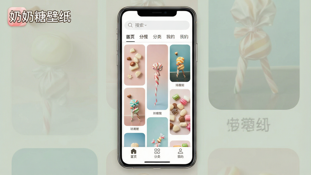 һ��չʾ���Ǳ�ֽApp�������ͼƬ���ֻ���Ļ������ʾ���Ƽ���ֽ�ٲ�����������������ͷ����ǩ���ײ�����ҳ�����ࡢ�ҵ�����������ť�����汳��Ϊǳɫ���Ű��࣬����ִ���ƽ��ϸ��Բ�󣬻��ʸɾ���ͼƬ�д��С����Ǳ�ֽ�����ֱ�ʶ��