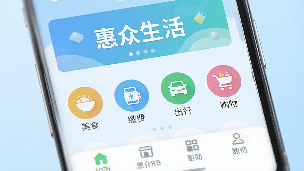 �ֻ���Ļչʾ���������App�����棬�������д�š�����������м���������ʳ���ɷѡ����С�����Ȳ�ɫԲ��ͼ�꣬�ײ���������������������͵�ǳ��ɫ���䣬���������¼�Լ��UI�������࣬�߻��ʣ��ɾ��޶���Ԫ��