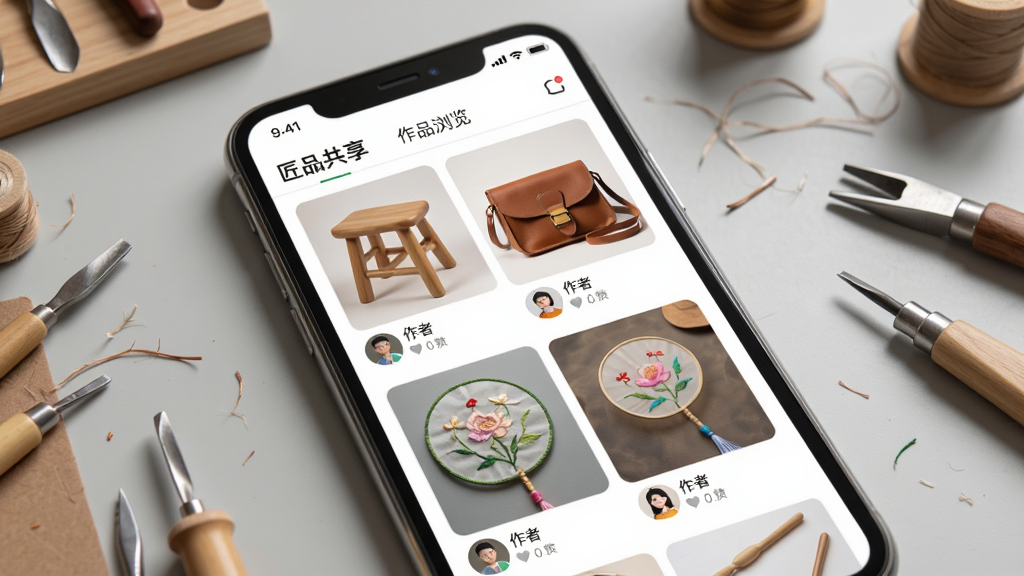 һ��AI��ͼ������չʾ����Ʒ������App����Ʒ������棬�ֻ���Ļ����ʾ����ֹ���Ʒ����ͼ������ľ��С�ʡ��ֹ�Ƥ�����������ȵȣ�ÿ����Ʒ�·�������ͷ��͵�������������ǳ��ɫ����̨���Ա�ɢ���Ź��ߺͲ��ϣ����дʵ��ů�����ʸɾ����޶���Ԫ��