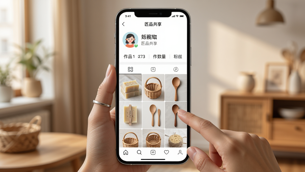 һ��AI��ͼ������չʾ����Ʒ������App�ĸ�����ҳ���棬�ֻ���Ļ����ʾ�û�ͷ���ǳơ���Ʒ��������˿�����·��ǾŹ�����Ʒչʾ�������ֹ�������֯����ľ�׵ȣ��Ա���һֻ�����ڵ����Ļ����������ܰ�����ڻ���������ִ���Լ�������������޶���Ԫ��