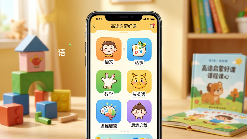 һ��չʾ��;���ɺÿ�APP����ȫò������ͼ�������������ֻ���Ļ����Ļ����ʾ��;���ɺÿεĿγ������棬�������п�ͨ�������ġ���ѧ��Ӣ�˼ά�����ĸ��γ����ͼ�꣬��������ܰ�Ķ�ͯ�鷿�������в�ɫ��ľ�ͻ汾���������������ã����ʸɾ��������޶���Ԫ��