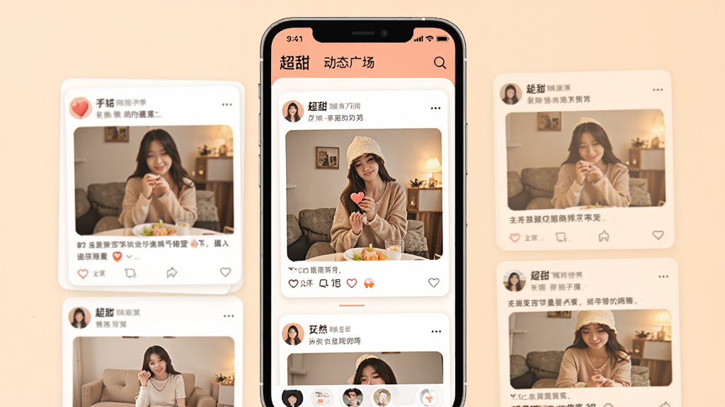 һ��AI���ɵ��ֻ������ͼ���ͼƬ��չʾ������App�Ķ�̬�㳡ҳ�棬������һ���ֻ�����Ļ����ʾ�����û���̬��Ƭ������ͼƬ�����֣������������Ű�������£�����ִ���ƽ��ɫ����ů�������������ɾ��޶���Ԫ��