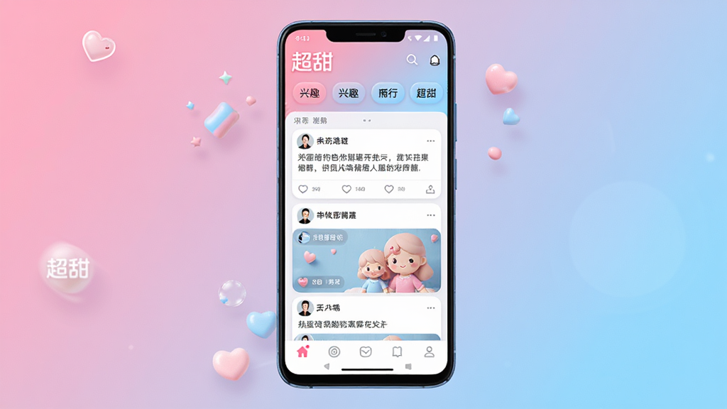 һ��չʾ������App���Ľ�����ֻ�ģ��ͼ������Ϊһ��������׿�ֻ�����Ļ����ʾ������������ҳ�����ֶ�������Ȥ��ǩ�����м����û���̬��Ƭ�ٲ������ײ��ǵ��������Ű����࣬���������������������ɫ����ϸ��Բ�󣬻��ʸ��壬�ɾ��޶���Ԫ��