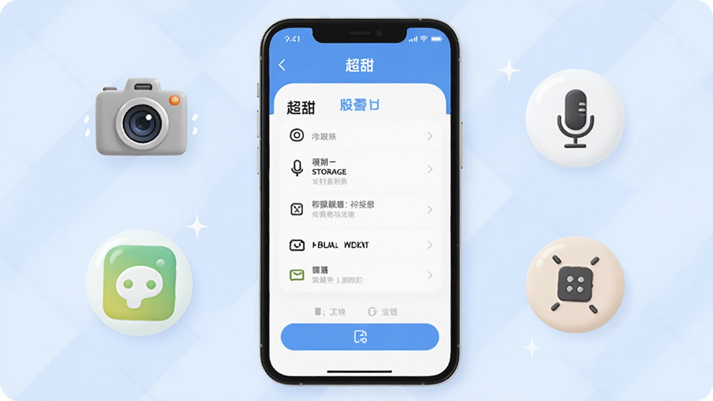һ��AI���ɵ���Ϣͼ��������һ���ֻ���Ļ����Ļ����ʾ������App��Ȩ������ҳ�棬�Ա��п�ͨ����Сͼ������������˷硢�洢��Ȩ�ޣ�������������������죬ɫ������ɫ�Ͱ�ɫΪ�������ʸɾ����޶���Ԫ��