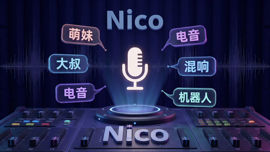 ����չʾһ�������Ƽ��е���Ƶ����̨������������һ���������˷�ͼ�꣬��ΧƯ���Ÿ�����Ч��ǩ���硰���á������塱�������������족�������ˡ����������������ɫ������ϸ΢�����������ߡ����Ϊ3D��Ⱦ�Ƽ��磬ϸ�ھ��£����ʸɾ�����㣬������Ŀλ�ñ�ע���֡�Nico�����޶���Ԫ�ء�