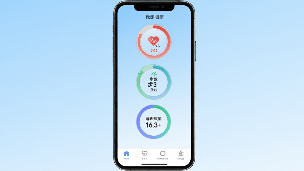 ŷ̬����App������չʾ���ֻ���Ļ������ʾ���������Ǳ��̣��������ʡ�������˯����������Բ��ͼ��������Ϊǳ��ɫ���䣬����ײ����ĸ�����ͼ�꣬��������ˬ��࣬���ʸɾ��޶���Ԫ��