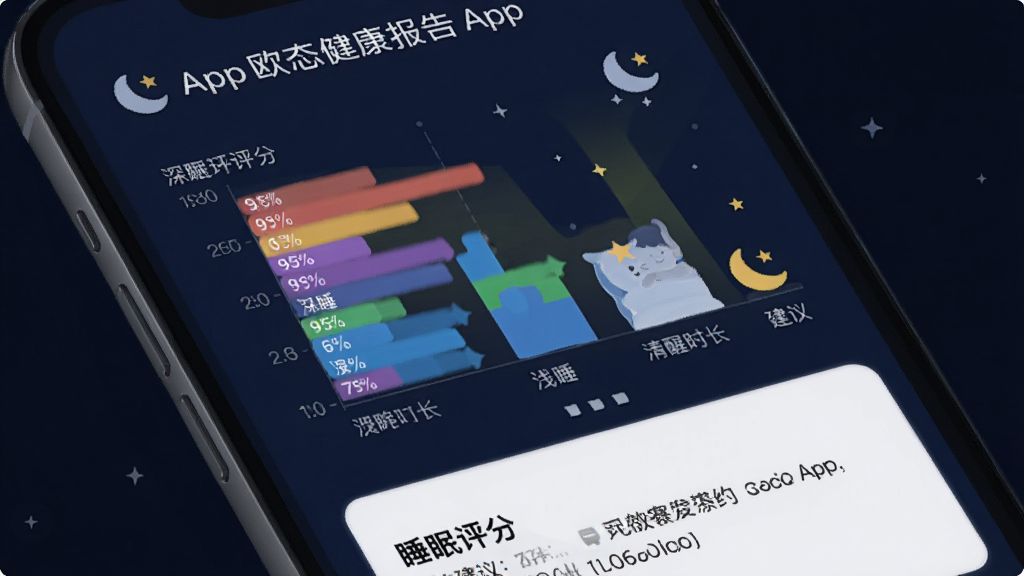 ŷ̬����App˯�߼�ⱨ��ҳ�棬�ֻ���Ļ��ʾ��˯��ǳ˯������ʱ���Ĳ�ɫ����ͼ���·���˯�����ֺͽ������֣�����Ϊ����ɫҹ��ģʽ�������Ű�����������ִ���ƽ