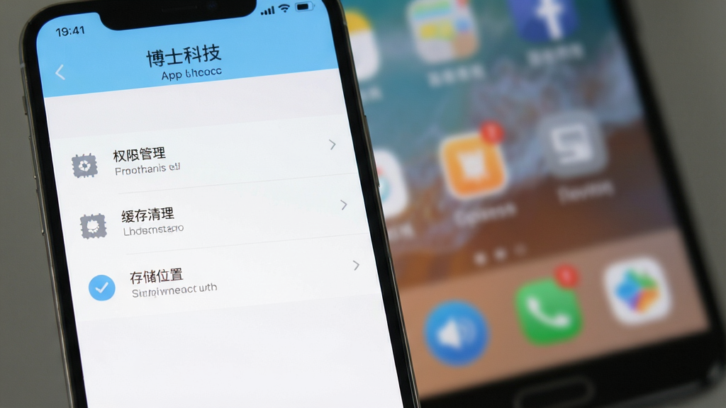���˿Ƽ�App���ý����ͼ������չʾ�ֻ���Ļ�ϵ����ò˵������Կ���Ȩ�޹����������������洢λ��ѡ���ѡ������԰�ɫ��ǳ��ɫΪ��������������ͼ���࣬������ģ�����ֻ����棬������ɾ����࣬���������޶���Ԫ��
