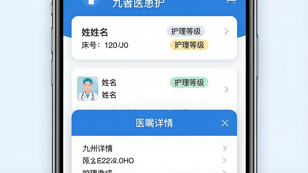 一张名为“九州医护”的App功能展示图,主体为手机屏幕特写,布局分为上下两部分,上半部分展示患者信息卡片列表,包含姓名、床号、护理等级标签,下半部分展示医嘱详情弹窗。风格为专业医疗科技风,蓝色与白色为主色调,细节清晰,画质干净无多余元素。