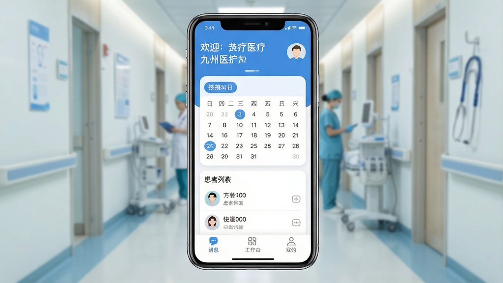 一张展示九州医护App核心界面的手机样机图,主体为一部现代智能手机,屏幕显示九州医护App主页,布局包含顶部欢迎语与头像,中间为排班日历卡片和患者列表快捷入口,底部为消息、工作台、我的三个导航标签。排版简洁清晰,风格为现代扁平化医疗蓝白配色,细节圆润,画质干净无多余元素,背景为虚化的医院走廊环境。