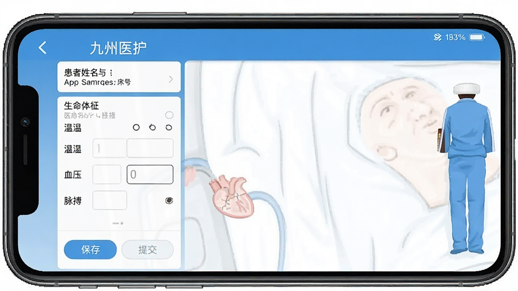 一张“九州医护”App护理记录填写界面的手机截图,主体为手机屏幕,布局包含顶部患者姓名与床号,中部为生命体征录入表单,包含体温、血压、脉搏输入框,底部为保存与提交按钮。风格为移动端医疗应用界面,蓝白配色,细节清晰,画质干净无多余元素。