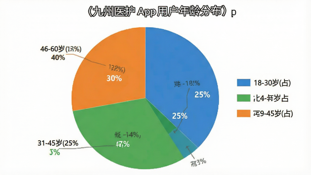 一张展示九州医护App用户年龄分布的饼状图,主体为圆形饼图,布局包含图例和百分比标签,数据为18-30岁占比25%,31-45岁占比45%,46-60岁占比30%。风格为扁平化数据可视化图表,配色为蓝、绿、橙三色,细节清晰,画质干净无多余元素,背景为纯白色。