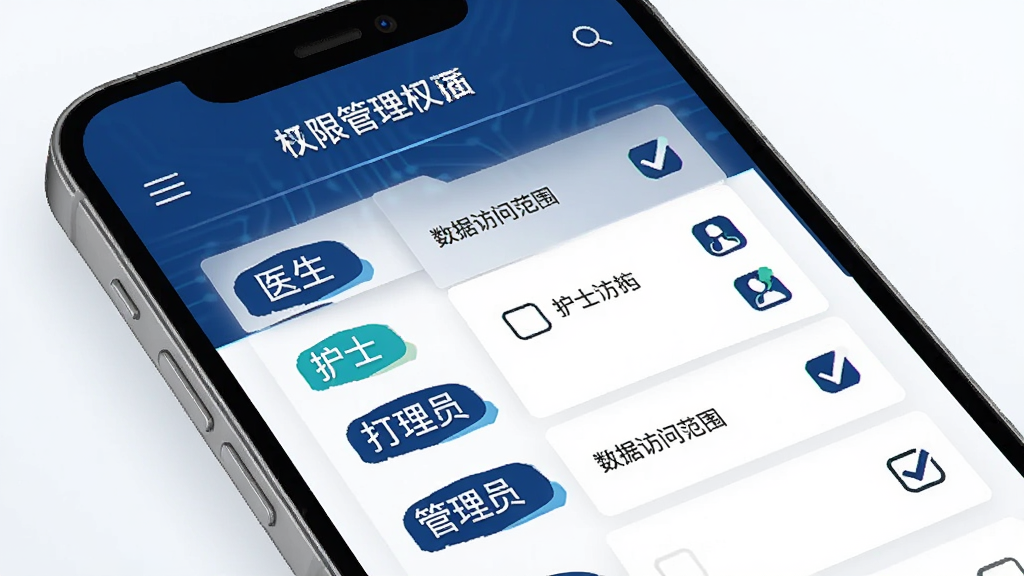 一张展示“九州医护”App权限管理界面的示意图,主体为手机屏幕,布局展示用户角色权限列表,包含医生、护士、管理员等角色标签,以及对应的数据访问范围勾选框。风格为安全科技风,深蓝色与白色为主,细节清晰,画质干净无多余元素。