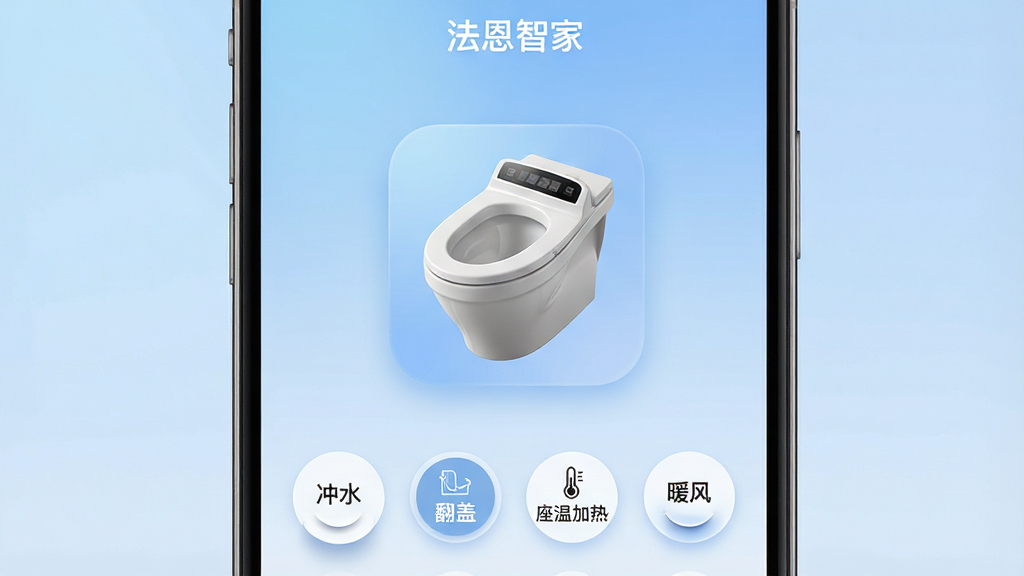 一张展示“法恩智家”App控制智能马桶的界面特写图。画面主体是手机屏幕,屏幕中央是一个智能马桶的3D模型或高清图标,周围环绕着“冲水”、“翻盖”、“座温加热”、“暖风”等功能按钮。布局上,模型居中,按钮排列在下方。风格为简洁的UI展示风格。细节上,按钮带有轻微的按压动画效果,背景是柔和的蓝色渐变。画质清晰、干净、无多余元素。