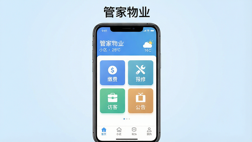 一张展示管家物业App核心界面的手机样机图,画面中央是手机屏幕,屏幕内显示管家物业的主页,顶部有小区名称和天气信息,中间是缴费、报修、访客、公告四个大图标按钮,底部是导航栏,背景是浅蓝色渐变,风格简洁现代扁平化,画质清晰干净,无多余元素,屏幕上方有“管家物业”四个字