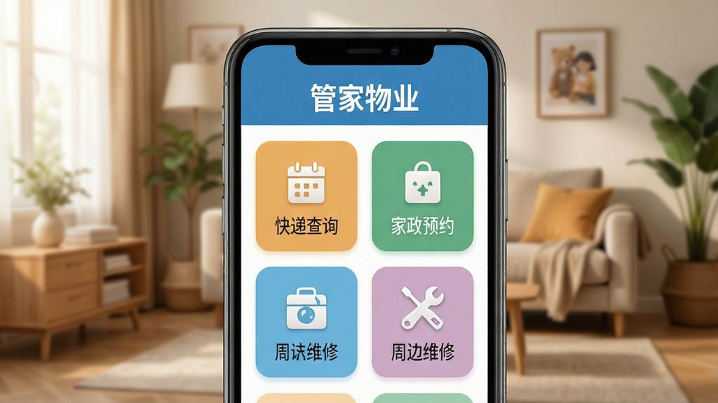 一张展示管家物业生活服务模块的界面图,手机屏幕中显示快递查询、家政预约、周边维修等图标网格,背景是温馨的家居环境,风格生活化,画质清晰,屏幕上方有“管家物业”文字,整体干净无杂乱元素
