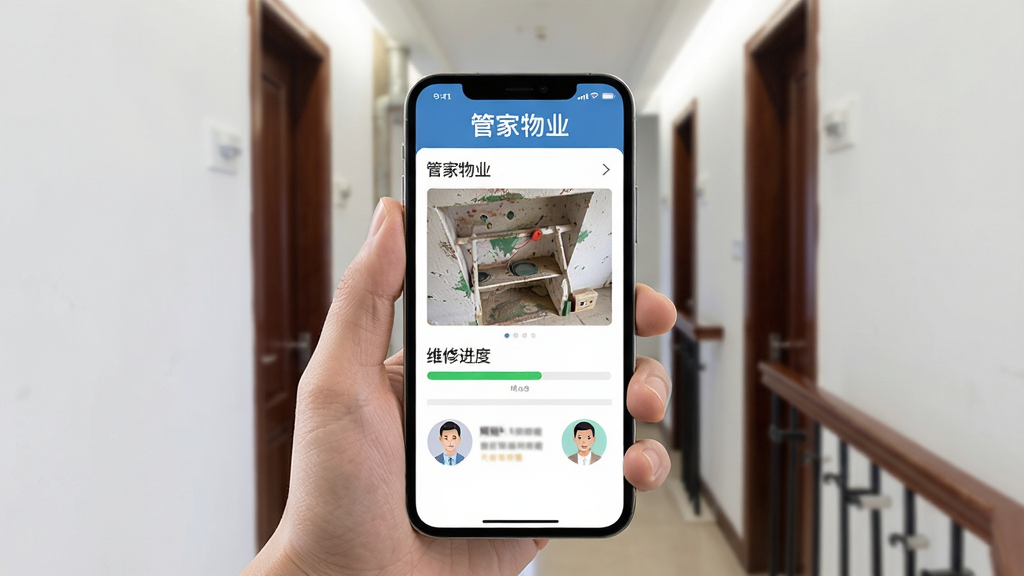 一张展示管家物业报修功能的场景图,画面中一只手拿着手机,手机屏幕上显示报修工单页面,有故障照片、维修进度条和师傅头像,背景是居民楼道环境,风格写实明亮,画质清晰,屏幕上方有“管家物业”文字,整体干净无杂乱元素