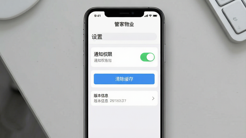 一张展示管家物业App设置页面的手机截图风格图片,画面中手机屏幕显示通知权限开关、清除缓存按钮和版本信息,背景是简洁的灰色桌面,风格干净清爽,画质清晰,屏幕上方有“管家物业”文字,无多余元素