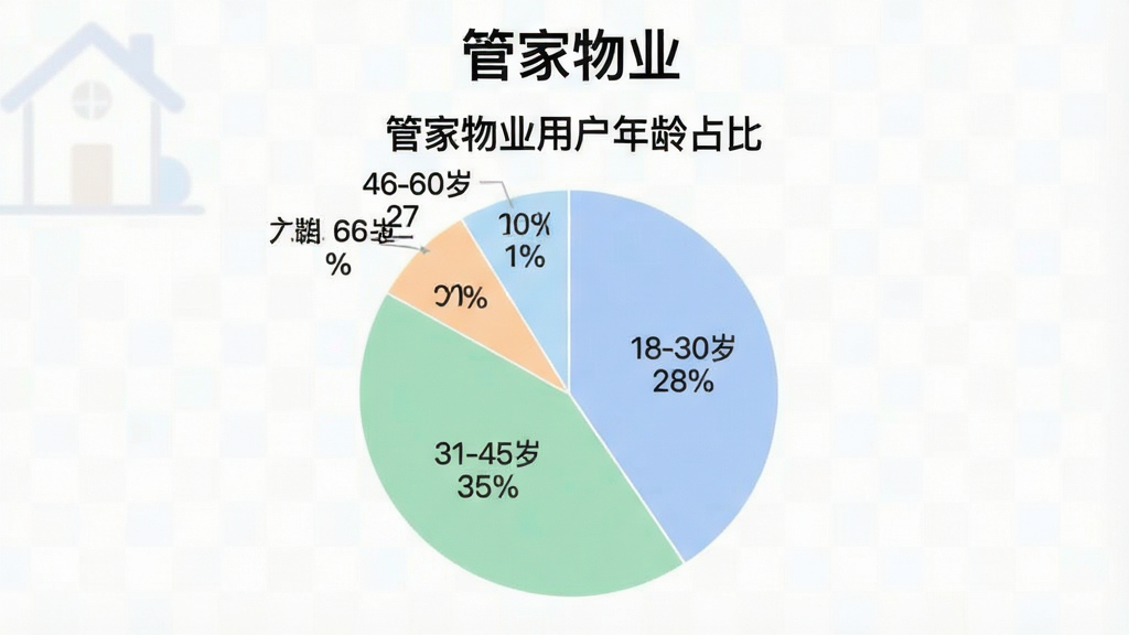一张展示管家物业用户年龄分布的饼状图,图表标题为“管家物业用户年龄占比”,图中显示18-30岁占28%,31-45岁占35%,46-60岁占27%,60岁以上占10%,配色柔和清晰,风格简洁数据可视化,画质干净,图表上方有“管家物业”文字