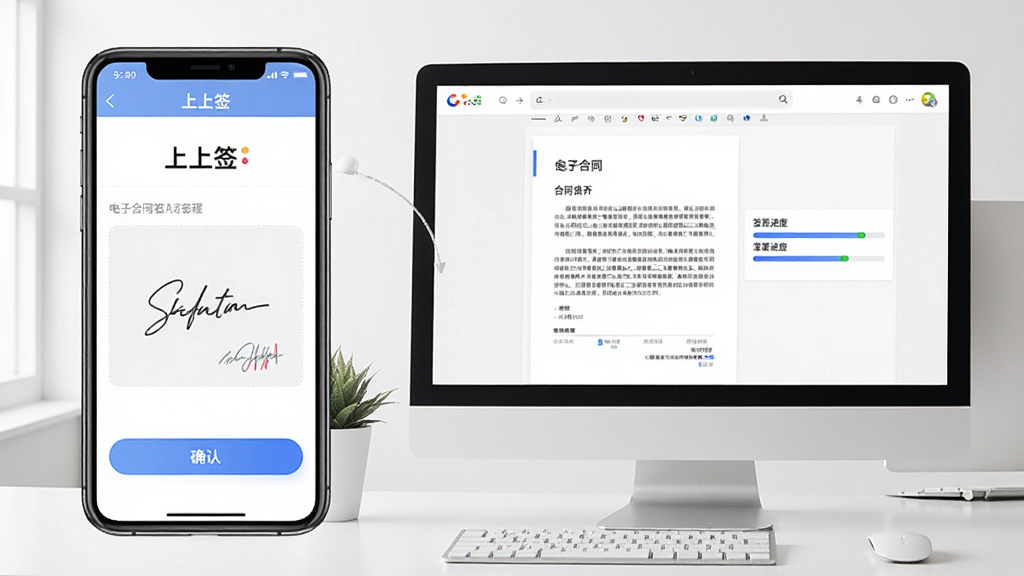 一张展示电子合同签署流程的示意图,画面主体是一部手机和一台电脑,手机屏幕上显示“上上签”的合同签署界面,有签名区域和确认按钮,电脑屏幕上显示合同文档和签署进度条,背景是简洁的办公桌面,风格商务清新,画质干净,无多余元素