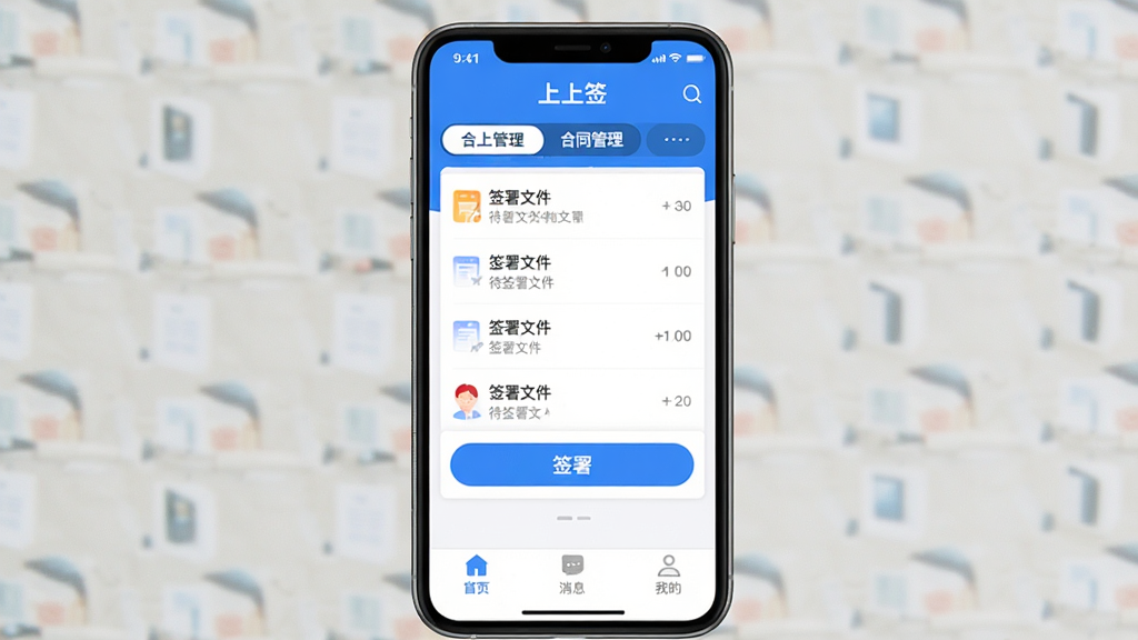 一张展示手机屏幕的图片,屏幕中央显示“上上签”APP的主界面,界面顶部有合同管理选项卡,中间是待签署文件列表和醒目的签署按钮,底部导航栏包含首页、消息、我的等图标,整体布局清晰简洁,蓝白配色,风格现代扁平,画质干净无多余元素