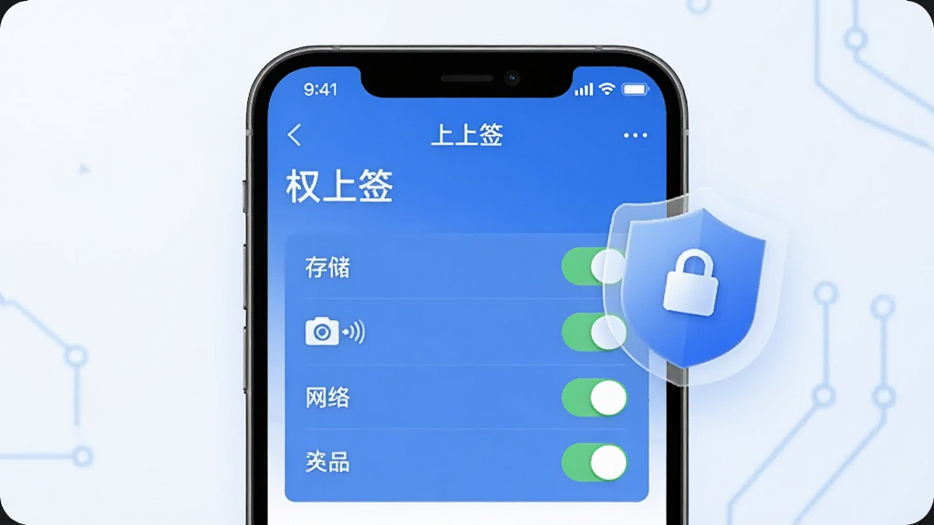 一张展示手机安全设置界面的图片,画面中手机屏幕显示“上上签”的权限管理页面,有存储、相机、网络等权限开关,旁边有一个盾牌图标表示安全防护,背景简洁,风格科技安全,画质干净,无多余元素