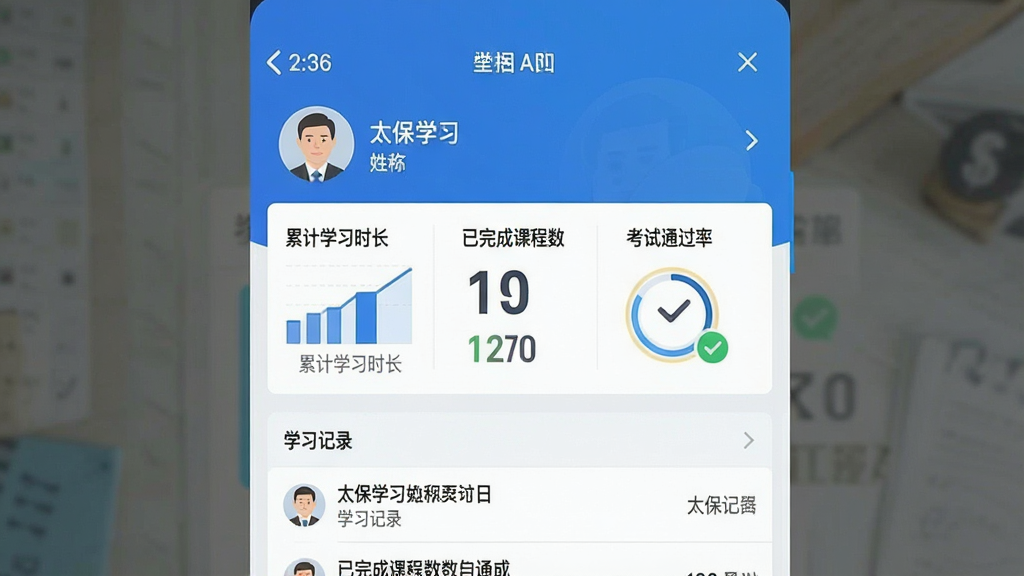 һ�š�̫��ѧϰ��App�ĸ���ѧϰ����ҳ���ͼ��ҳ�涥����ʾ�û�ͷ����������·���ͼ����ʽչʾ���ۼ�ѧϰʱ������������ɿγ�������������ͨ���ʡ������ݣ��ײ��С�ѧϰ��¼���б���������Ƽ�࣬��ɫ��ɫ�����������������ʸɾ����޶���Ԫ�ء�