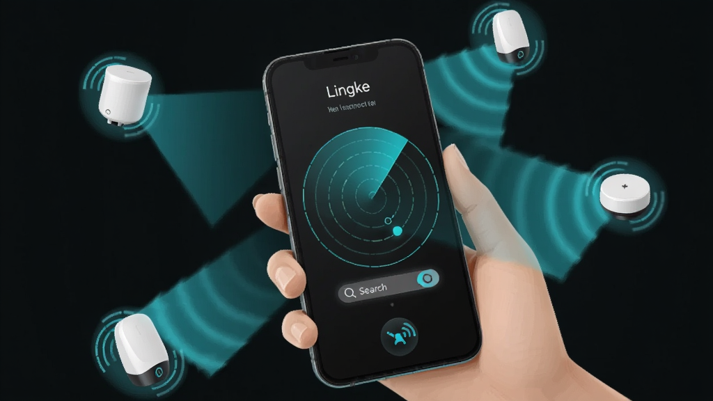 һ��չʾ Lingke һ�����ӹ��ܵĲ廭��������һֻ�������ֻ����ֻ���Ļ��ʾ Lingke �������״ﶯ������Χ�м��������豸ͼ�걻�Ⲩɨ�У����Ƽ���ʮ�㣬ɫ��Ϊ��ɫ����������ɫ��Ч��ϸ�����������ʸɾ�