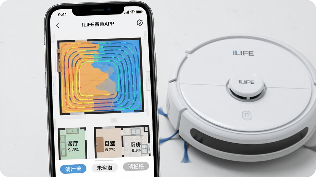 һ��չʾILIFE����APPʵʱ��ͼ����ɨ�켣���ܵ�ͼƬ�������������ֻ���Ļ�ϵ���ɨ��ͼ���棬��ͼ���ò�ͬ��ɫ��ע������ɨ�����δ��ɨ���򣬿��Կ��������Ĺ�������ɨ·������ͼ�·��з��������ǩ��������ҳ������ֻ��Ա߷���һ̨ILIFEɨ�ػ����ˣ����ֲ����ֻ�Ϊ�������д��ͼ�������Ƽ��У�ϸ�ڰ�����ͼ�ϵ����ķ������ƺ���ɨ���Ȱٷֱȣ����������ɾ����޶���Ԫ��