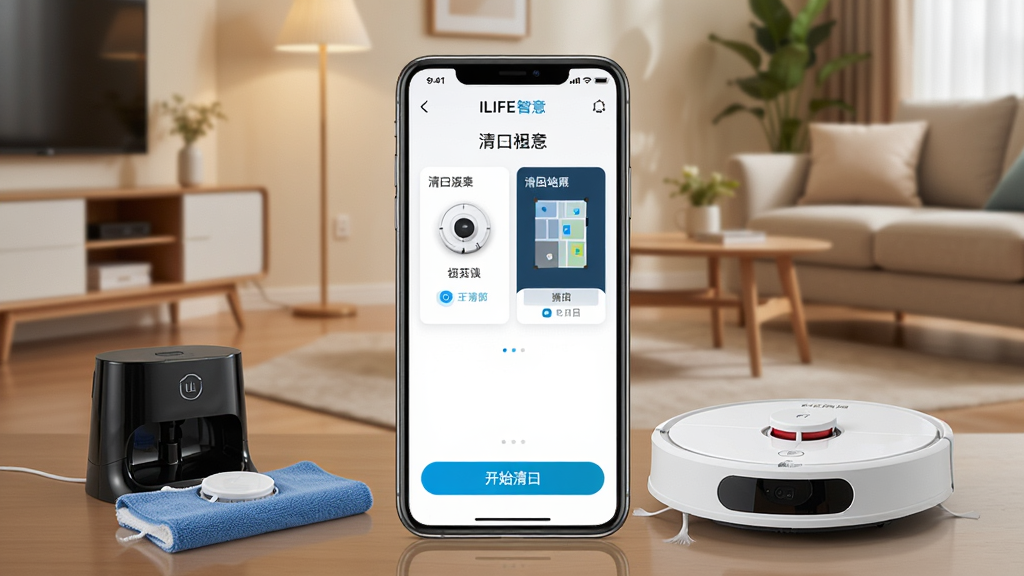 һ��չʾILIFE����APP����ȫò�ĳ���ͼ������������һ�������ֻ�����Ļ����ʾ��ILIFE����APP�������棬�����а���ɨ�ػ������豸��Ƭ����ɨ��ͼԤ���Ϳ�ʼ��ɨ��ť���ֻ���Χ������ɨ�ػ����ˡ��ϲ����������Ԫ�أ���������ܰ�ļҾӿ������������ֲ��þ��й�ͼ������ִ��Ƽ����������ϣ�ϸ�ڰ���APP�����ϵ����ı�ǩ�ͻ�����ͼ�꣬���������ɾ����޶���Ԫ��