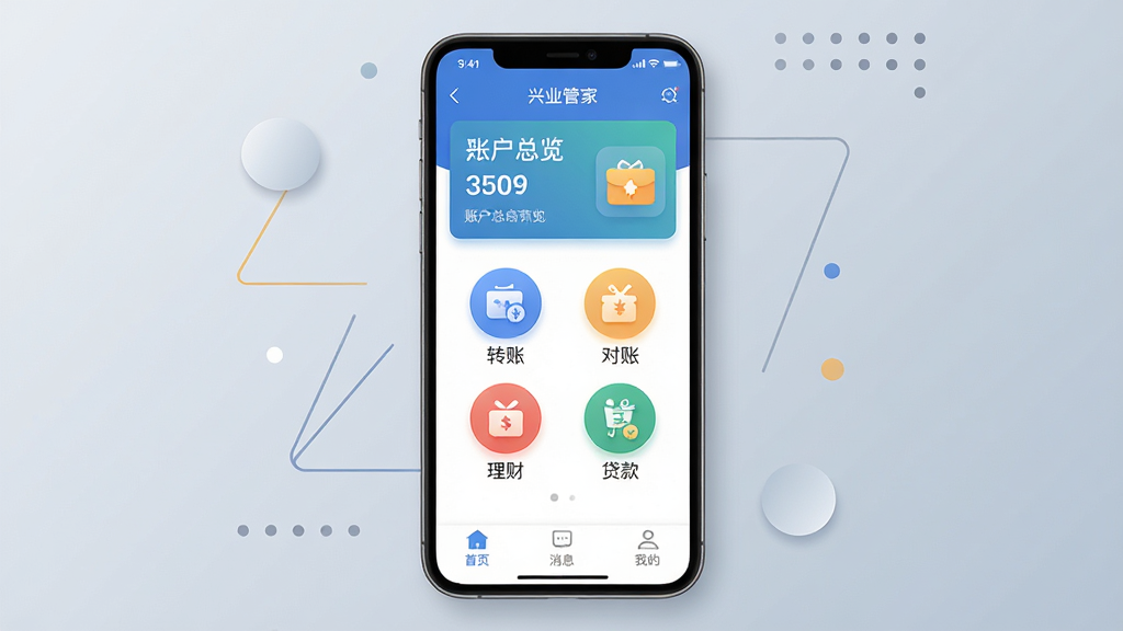 ����������һ�������ֻ�����Ļ����ʾ����ҵ�ܼҡ�App�������棬�������˻�������Ƭ���м���ת�ˡ����ˡ����ơ������ĸ�Բ�ι���ͼ�꣬�ײ�Ϊ��ҳ����Ϣ���ҵ�����������ǩ�����ֲ��þ��жԳ��Ű棬�ֻ�������ǳ����ɫ���䱳�����룬��Χ��׺��������������Բ��װ�Ρ����Ϊ�ִ���ƽ������磬ϸ����ͼ�������΢ͶӰ��Բ�Ǵ��������廭�ʸɾ��������޶���Ԫ�أ����ֱ�ע����ҵ�ܼҡ���