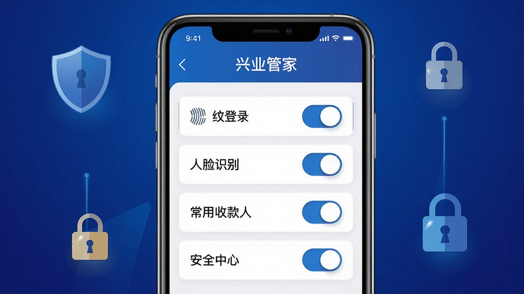 ����������һ���ֻ���Ļ��ʾ����ҵ�ܼҡ�������ҳ�棬ҳ������ָ�Ƶ�¼������ʶ�𡢳����տ��ˡ���ȫ�����ĸ�ѡ��ء�����Ϊ�ֻ�������д������������ɫ���䣬�ֻ���Χ�ж��ƺ����ı�ƽ��ͼ���׺�����Ϊ�Ƽ���ȫ�磬ϸ���Ͽ��ذ�ť�и߹�Ч�������廭�ʸɾ����޶���Ԫ�أ����ֱ�ע����ҵ�ܼҡ���
