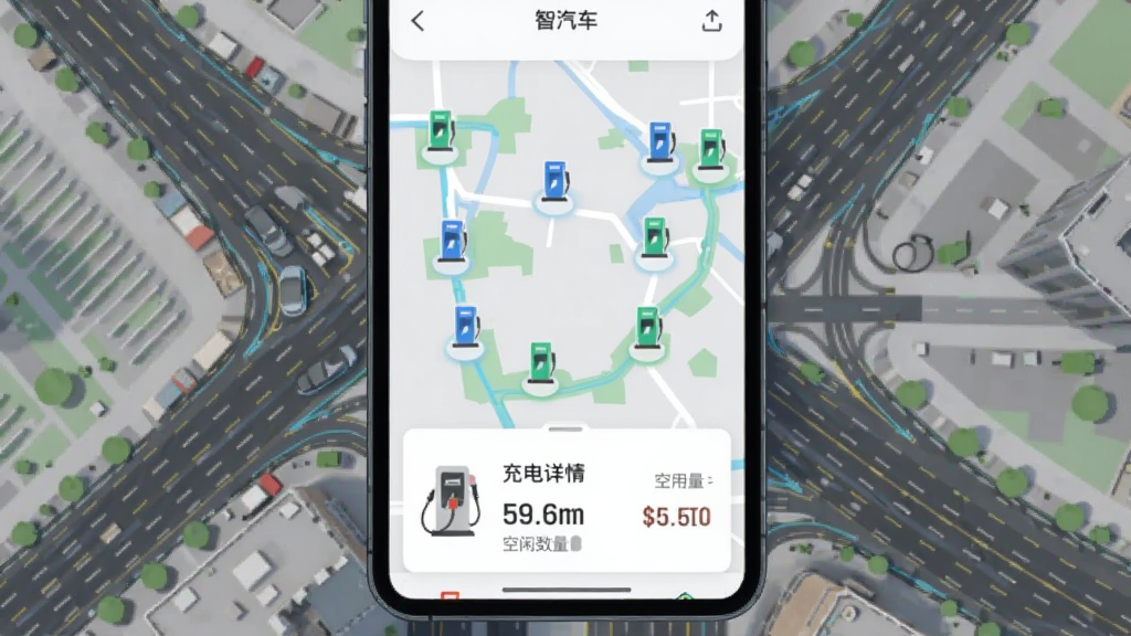 �ֻ���Ļչʾ�Ǽ�����App����ͼ���棬��ͼ�ϱ�ע������վλ�ã��ײ��������׮���鿨Ƭ��ʾ�۸�Ϳ����������������ִ���ƽ�����������������ǳ��е�·����ͼ�����ʸɾ��޶���Ԫ��