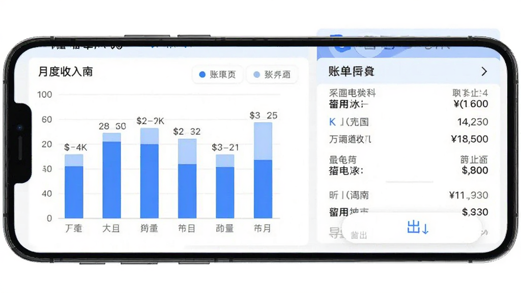 �����APP�˵�ͳ��ҳ�棬�ֻ���Ļչʾ�¶�������״ͼ���˵��б�����ɫ�Ͱ�ɫΪ��ɫ����ͼ�����������ݱ�ǩ��ȷ�����沼�ֹ������ײ��е�����ť�������ɾ�������Ԫ��