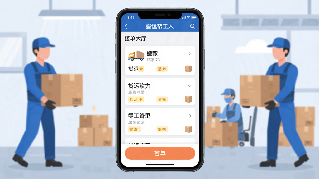 ���˰﹤�˰�App�������ͼ����������չʾ�ֻ���Ļ����Ļ����ʾ���˰﹤�˰�ӵ������б����а�ҡ����ˡ��㹤�ȶ�����Ƭ���ײ���������ť�����������칤�����ڰ���ĳ���������ִ���ƽ�����ʸɾ����������ֱ�ǩ��ȷ���޶���Ԫ��
