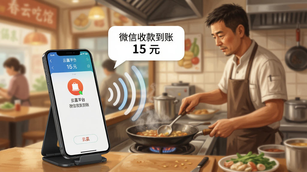 ��Ӯƽ̨�����������ܳ���ͼ��������һ��æµ��С�Ե��ϰ����ں����⿣��Աߵ��ֻ�����֧���ϣ���Ļ��ʾ��Ӯƽ̨���տ�����棬һ����Ŀ������ͼ����ֻ�����������������ʾ��΢���տ�� 15 Ԫ����������ģ���ĵ��̻���������ͻ���ֻ������������Ϊ�����дʵ�廭��ɫ����ů��ϸ�ڷḻ�����ʸɾ���