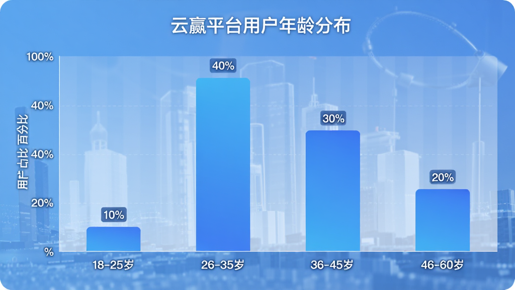 ��Ӯƽ̨�û�����ֲ���״ͼ��ͼ������Ϊ����Ӯƽ̨�û�����ֲ����������ʾ����Σ���Ϊ18-25�ꡢ26-35�ꡢ36-45�ꡢ46-60�ꡣ�����ʾ�û�ռ�Ȱٷֱȡ���״ͼ��ʾ26-35��ռ�����Ϊ40%��36-45��ռ��30%��46-60��ռ��20%��18-25��ռ��10%�����ּ�����ˣ����Ϊ�ִ����ݿ��ӻ�ͼ����ɫ������ɫ����Ϊ�������ݱ�ǩ���������ʸɾ����޶���Ԫ�ء�