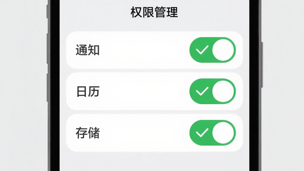 ��Ӱʱ����App���ֻ��ϵ����ý����ͼ���廭������չʾ��Ȩ�޹�����ҳ�棬����֪ͨ���������洢����Ȩ�޿��أ��Ա�����ɫ�Թ���ʶ��ʾ�ѿ����������࣬����Ϊǳ��ɫ������ƽ���������������޶���Ԫ��