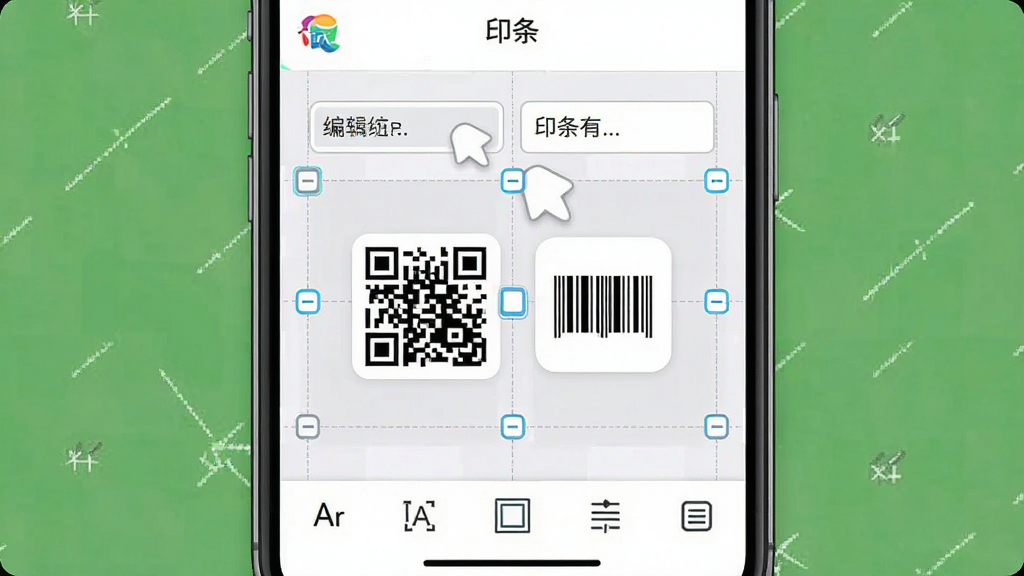 һ���ֻ���Ļ��ͼ���ͼƬ��չʾ��ӡ����App�ı�ǩ�༭���棬�������ж���ı���һ����ά���һ��������ͼ�걻��ק�������ϣ���Χ�ж��븨���ߣ�����ײ������塢�߿򡢶���ȹ���ͼ�꣬���岼������������ִ���ƽ�����ʸɾ����޶���Ԫ��