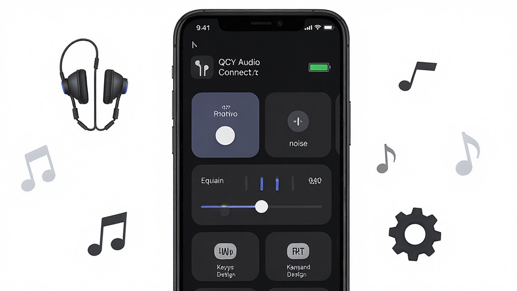 һ��չʾQCY Audio�ֻ�Ӧ���������ͼƬ������������һ�������ֻ�����Ļ��ʾ��QCY Audio����ɫģʽ���棬�����ж�������״̬�͵�����ʾ���м������Ž���ģʽ�л���Ƭ�����������ڻ���Ͱ����Զ���ͼ�ꡣ�ֻ���ΧƯ���Ŷ��������������ó��ֵļ�Լͼ�ꡣ�����������Ű���У�����ִ���ƽ����ϸ�ڸɾ����䣬���ʸ����޶���Ԫ�ء�