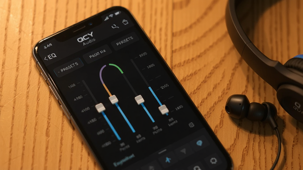 һ��չʾ���������ڽ����ͼƬ���������ֻ���Ļ��ʾQCY Audio��EQ����ҳ�棬�ж��Ƶ�λ�����������У��Ա���Ԥ����Ч�б����ֻ��Ա߷���һ����������������ů��ľ�����档���������Ű�����������ϸ�壬�޶���Ԫ�ء�