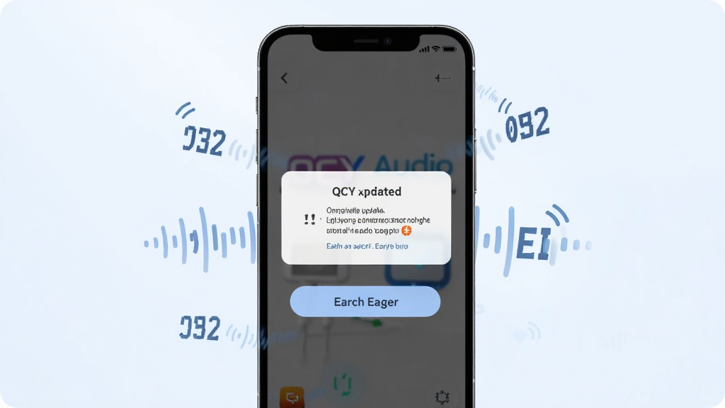 һ��չʾ�̼������Ͳ��Ҷ������ܵĲ�ͼ���������ֻ���Ļ��ʾQCY Audio�Ĺ̼�������ʾ�����Ͳ��Ҷ�����ť���ֻ���ΧƯ���Ű汾�����ֺ�����ͼ�ꡣ�����Ǽ�Լ��ǳ��ɫ���䡣���ɾ���ˬ�������������޶���Ԫ�ء�