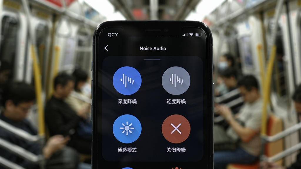 һ��չʾ����ģʽ�л������ͼƬ�������������ֻ���Ļ��д����Ļ����ʾ��QCY Audio�Ľ��������壬���ĸ����Ե�Բ��ͼ��ֱ������Ƚ��롢��Ƚ��롢ͨ͸ģʽ�͹رս��롣���������ӵĵ��������黯ͼ�����ֻ���Ļ�γɶԱȡ����ּ�࣬���дʵ�������������޶���Ԫ�ء�