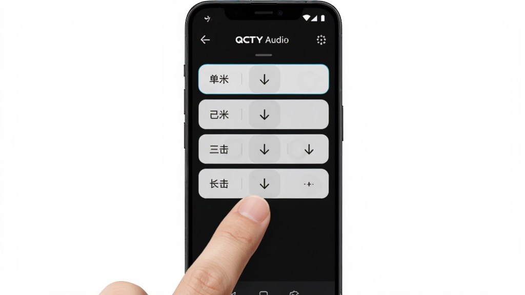 һ��չʾ�����Զ������ý����ͼƬ���������ֻ���Ļ��ʾ��QCY Audio�İ�������ҳ�棬���Ҷ��ֱ��г�������˫����������������ѡ���б�����������һ����ָ���ڵ����Ļ�ϵ�ѡ����ֶԳƣ���������죬���ʸ��壬�޶���Ԫ�ء�