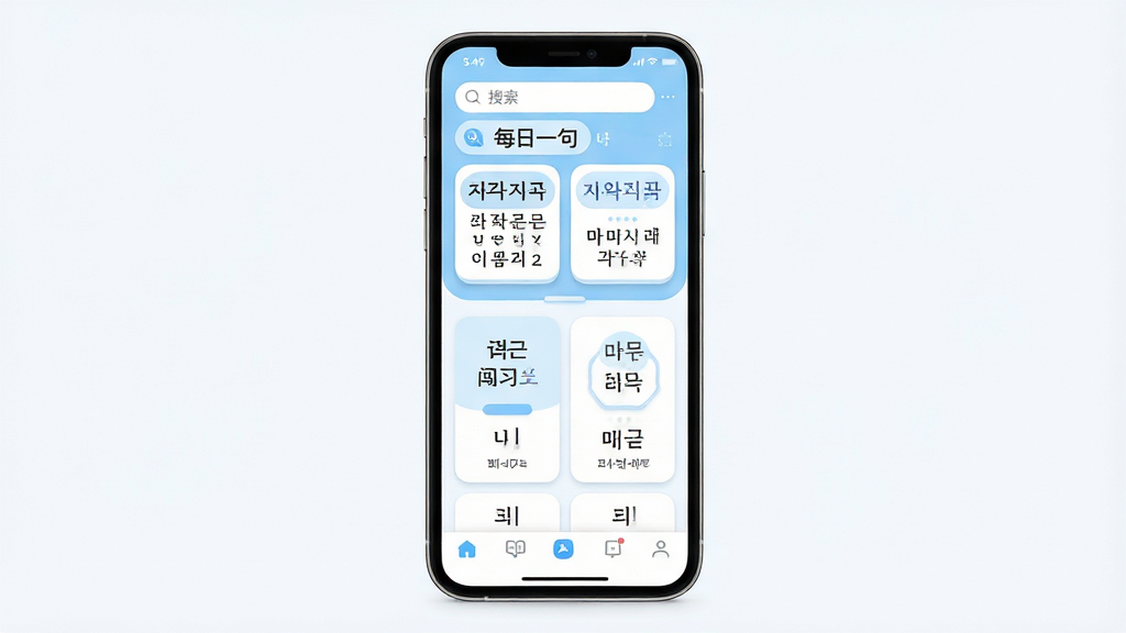һ��չʾ����ѧϰ����App���Ľ����ȫ��ͼ������Ϊһ�������ֻ�����Ļ����ʾApp��ҳ������������ĸ����������ϰ��Ƭ�ʹʻ㴳����ڣ����ֲ������·����Ű棬����Ϊ������ÿ��һ�䣬�в�Ϊѧϰģ�鿨Ƭ���ײ�Ϊ��������������¼�Լ����ǳ���Ͱ�ɫΪ��ɫ����ϸ������ĸ��Ƭ����Բ���������Ӱ������ɾ����࣬�޶���Ԫ�أ������������ʺ�Ӧ���̵�չʾ��