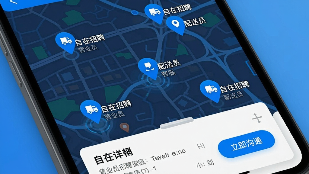 �ֻ���ͼ���棬��ͼ��ɢ���Ŷ����ɫ�Ķ�λͼ�꣬ÿ��ͼ���Ա�ע�š�������Ƹ���ĸ�λ�����硰ӪҵԱ�������ͷ�����������Ա�����ײ�����������Ƭ��ʾ��λ����͡�������ͨ����ť��������Ϊ�Ƽ�������ͼϸ��������ͼ����Ƽ�࣬���ʸɾ�����������Ϣ��