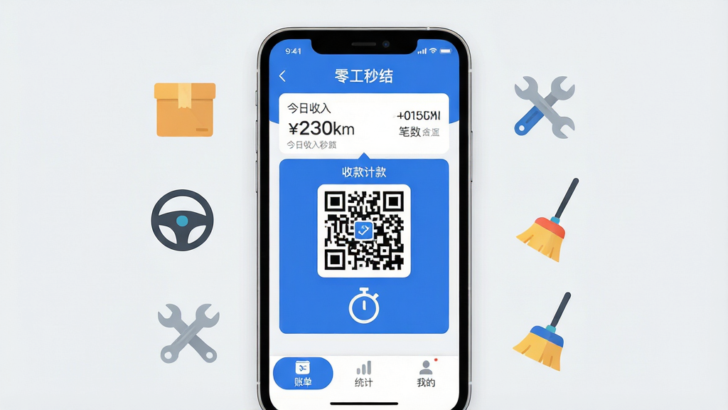 ��������ȫòչʾͼ������������һ�������ֻ�����Ļ������չʾ���㹤��ᡱAPP�������棬������Ƽ�࣬��������ɫΪ����������ʾ����������ͱ������м�����Ŀ���տ��ά��ͼ�ʱ��ͼ�꣬�ײ����˵���ͳ�ơ��ҵ�����ѡ����ֻ���Χ�����Ŵ�����ͬ��ְ�����ı�ƽ��Сͼ�꣬�������䡢�����̡����֡�ɨ��ȣ�����Ϊ�ɾ���ǳ��ɫ���������ִ���ƽ��ϸ��Բ�󣬻��ʸɾ��޶���Ԫ�أ����ֱ�������š��㹤��ᡱ��